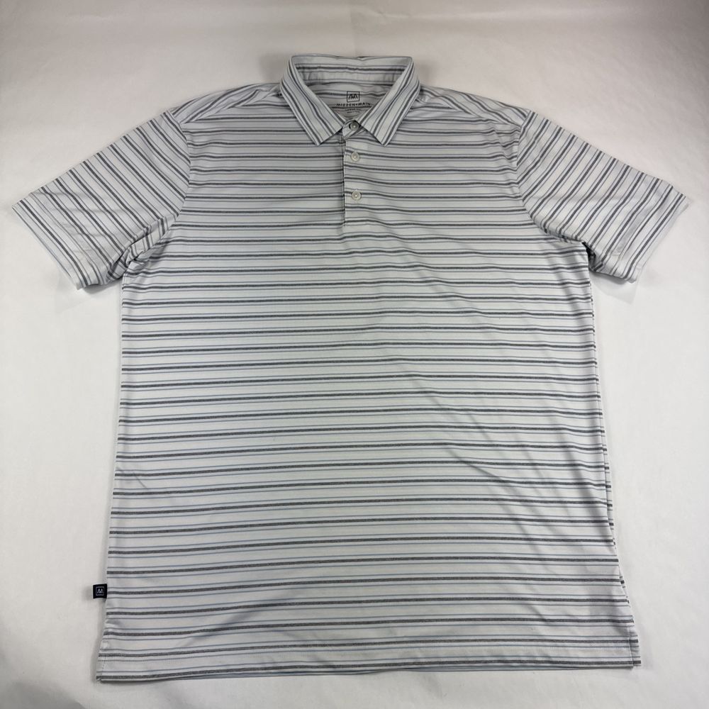Mizzen Main Polo Men L Blue Striped Trim Fit Short Sleeve Golf Shirt Performance
